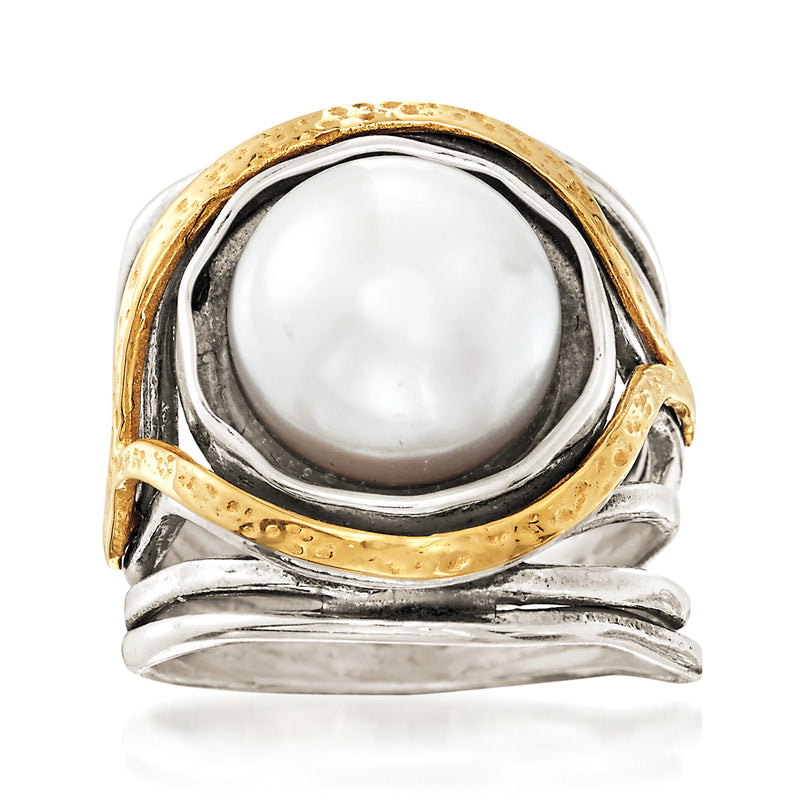 Cultured pearl openwork ring, sterling silver with 14kt yellow gold bezel