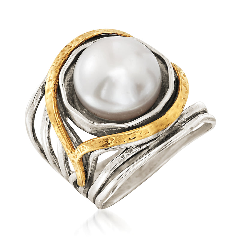 Cultured pearl openwork ring view, sterling silver bands with 14kt yellow gold trim