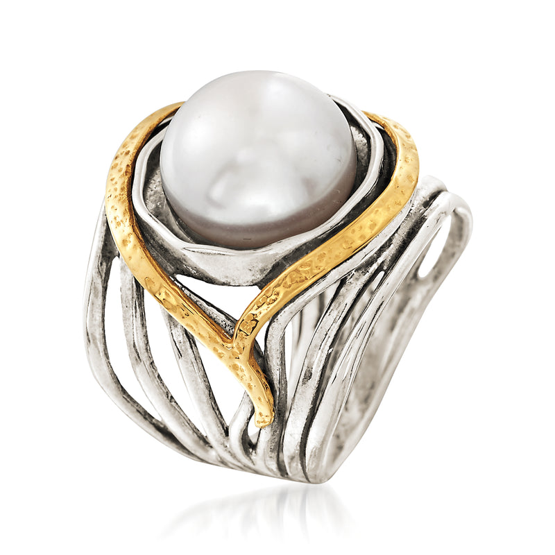 Cultured pearl openwork ring with raised pearl center, sterling silver and gold accents