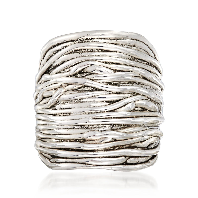 Sterling silver multi-row wrap ring with twisted ridged bands, polished finish