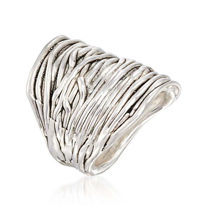 Sterling silver wrap ring with ribbed wave rows, curved wide band, polished shine