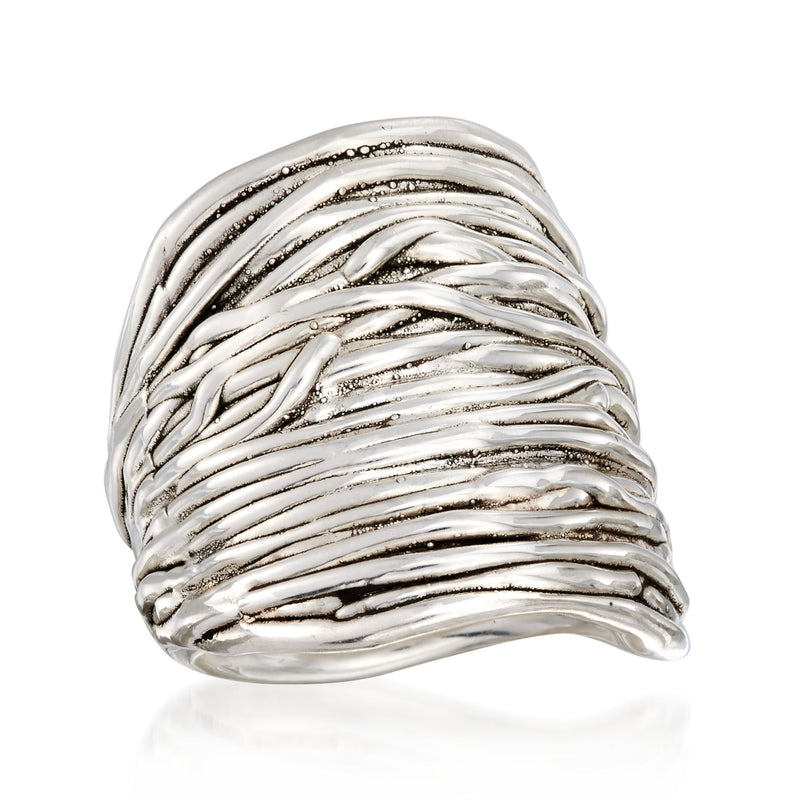 Sterling silver multi-row wrap ring with textured ridged stripes, high polish