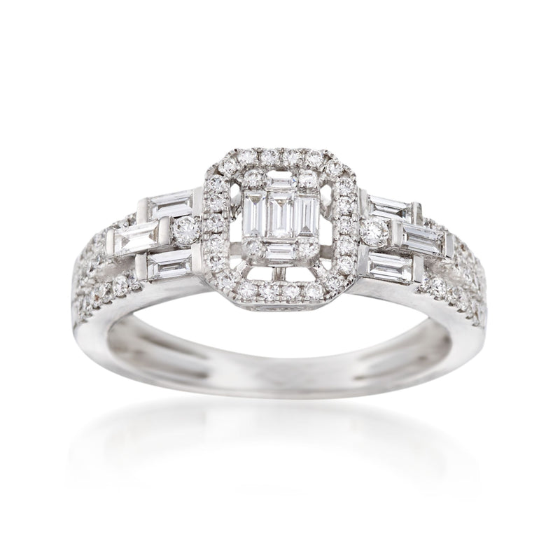 18kt white gold diamond geometric ring with baguette and round stones