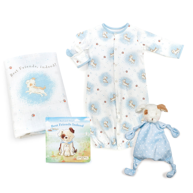 Baby boy 5-piece gift set with light blue printed sleeper, blanket, and plush bunny