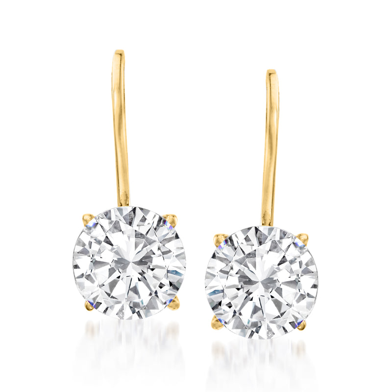 14kt yellow gold CZ drop leverback earrings with round white stones