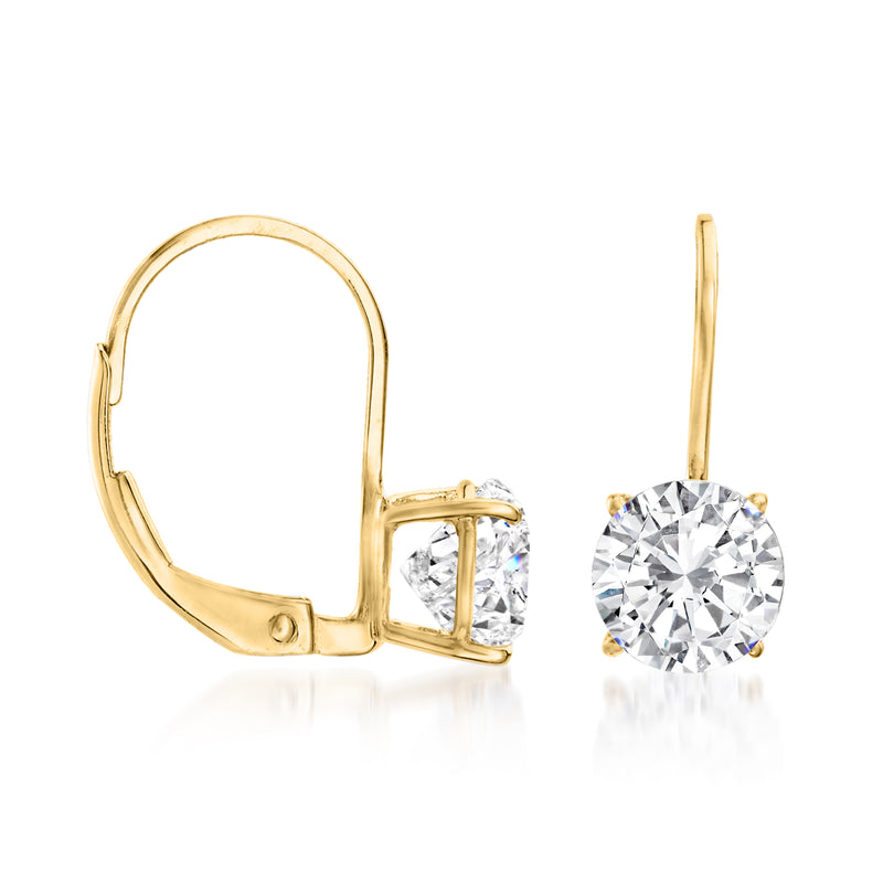 14kt yellow gold CZ drop earrings, side view with round bezel-set stones