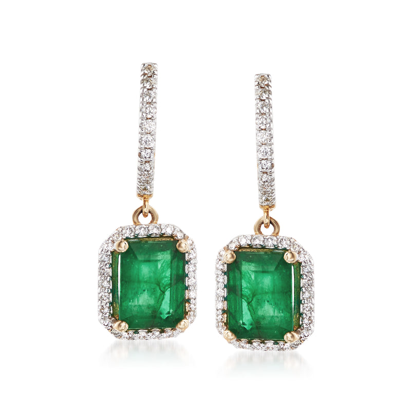14kt yellow gold drop earrings with emerald-green square stones and diamond halos