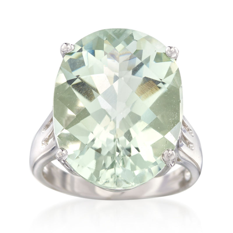 Prasiolite ring in sterling silver with large oval green gemstone and prong-set sides