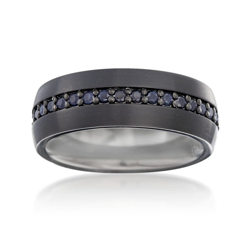 Black tungsten carbide eternity wedding band with dark blue sapphire inlay rows
