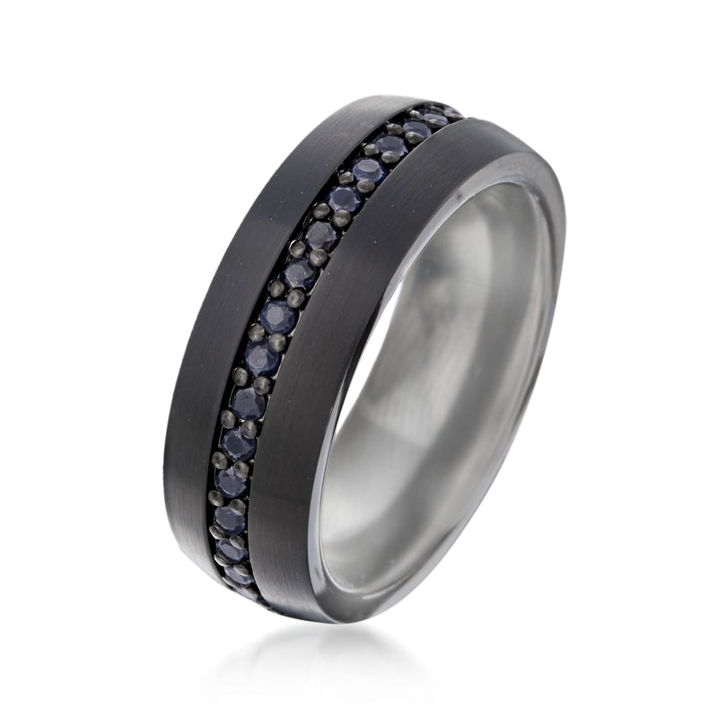 Black tungsten carbide eternity ring with dark blue sapphire stone channel, curved profile