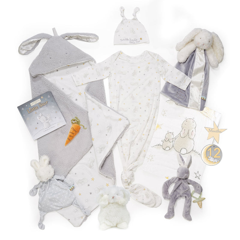 9-piece baby gift set: gray hooded blanket, star-print onesie, hat, socks, plush bunny