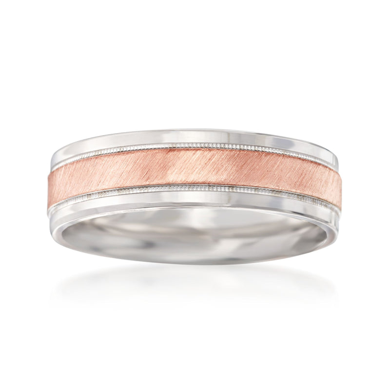 Two-tone 14kt gold wedding band with polished silver-tone and rose-gold inlay