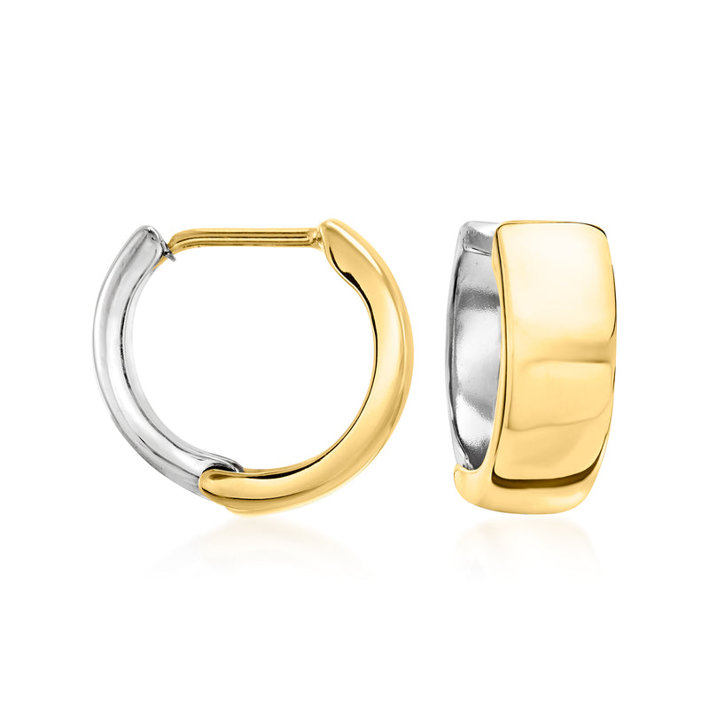 Two-tone 14kt gold reversible huggie hoop earrings, silver and yellow gold