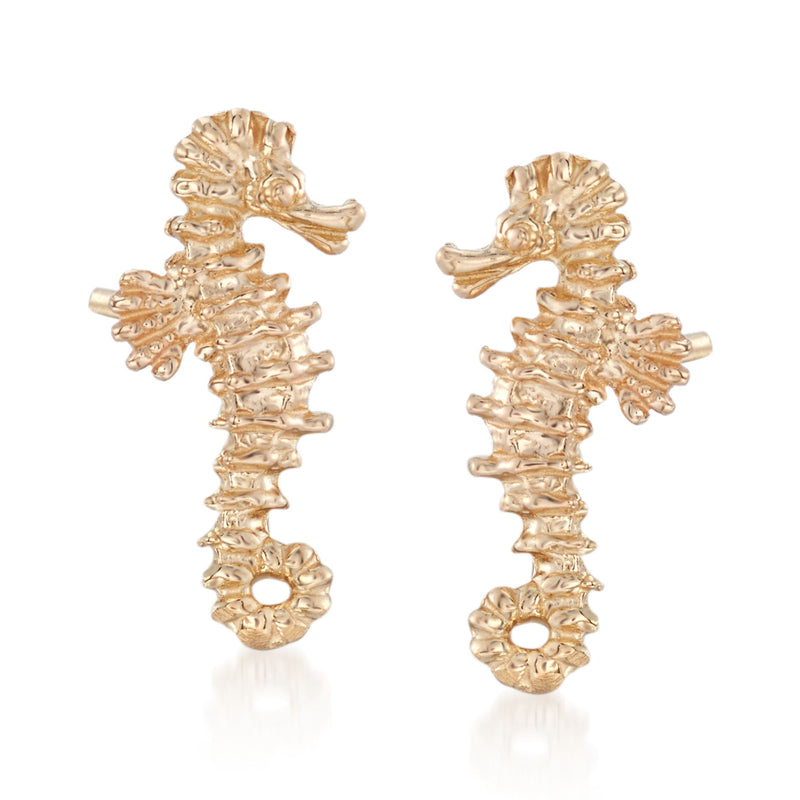 14kt yellow gold mini seahorse stud earrings with textured ridged design
