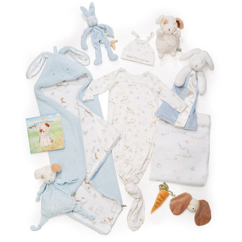 9-piece baby gift set with light blue and white plush toys and clothing items