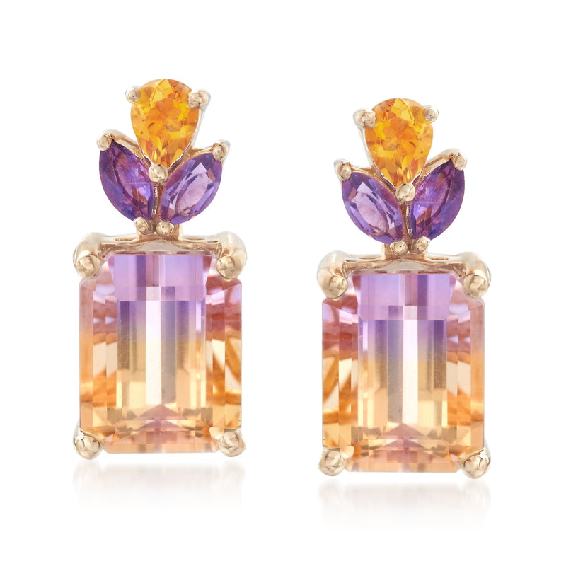 Floral drop earrings in 14kt yellow gold with oval citrine, amethyst, and square gems