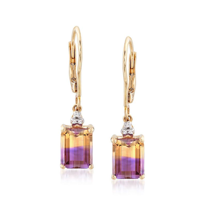 14kt yellow gold leverback drop earrings with ametrine-style gemstone and diamond accents