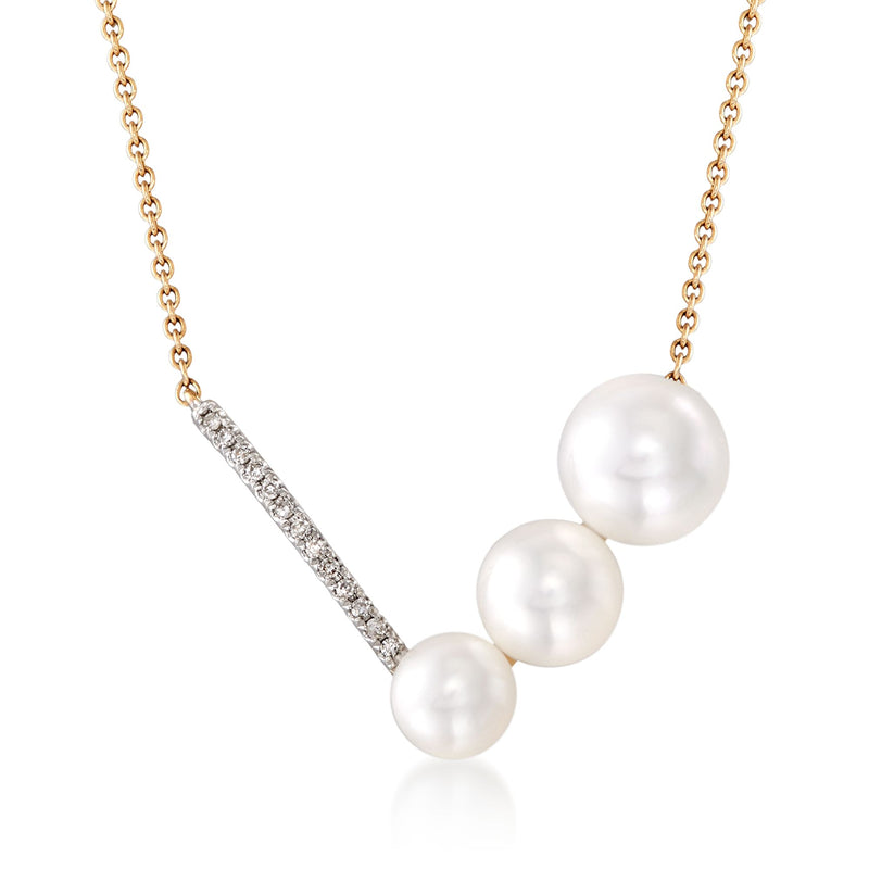 14kt yellow gold V-neck cultured pearl necklace with diamond-accent bar and three pearls