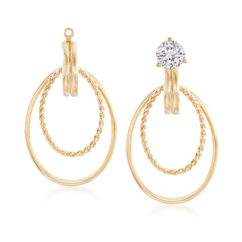 14kt yellow gold earring jacket with round stone and double oval drop hoops