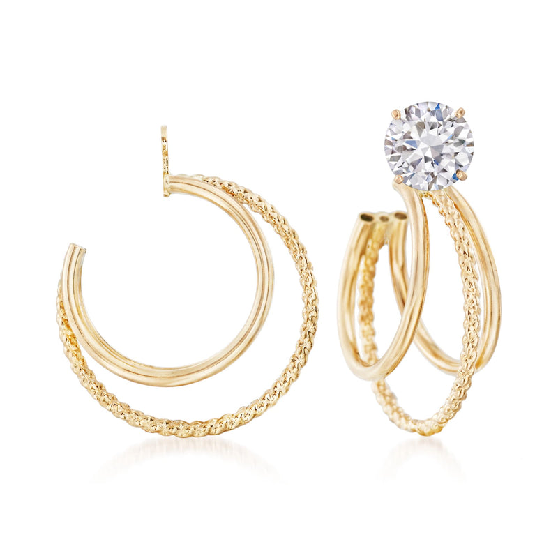 14kt yellow gold hoop earring jacket with round clear center stone