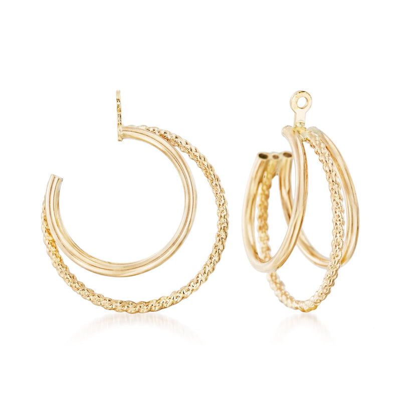 14kt yellow gold hoop earring jacket with round clear center stone and three-row look