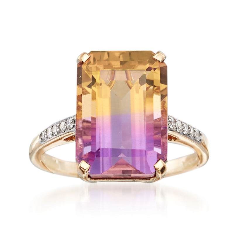 14k yellow gold ring with large emerald-cut ametrine center and diamond side accents