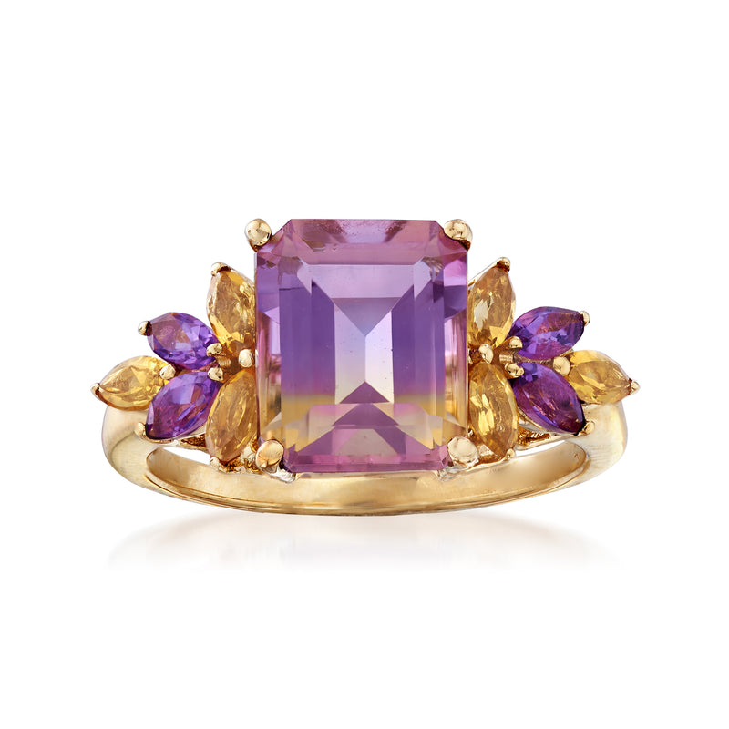 14kt yellow gold ring with emerald-cut ametrine center and purple floral side stones