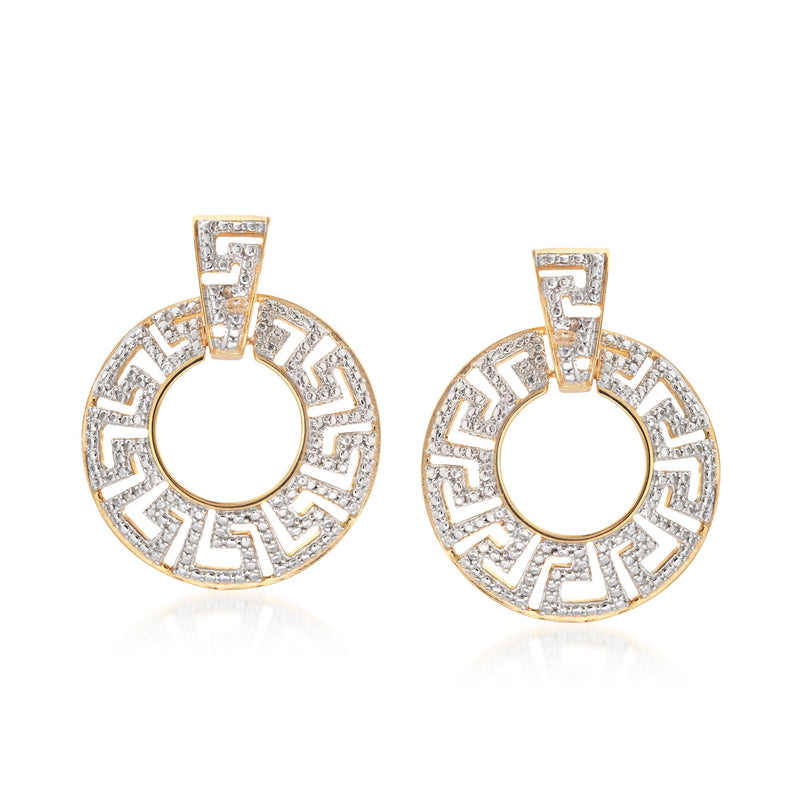 Two-tone sterling silver Greek key drop earrings with diamond-accented circular dangle
