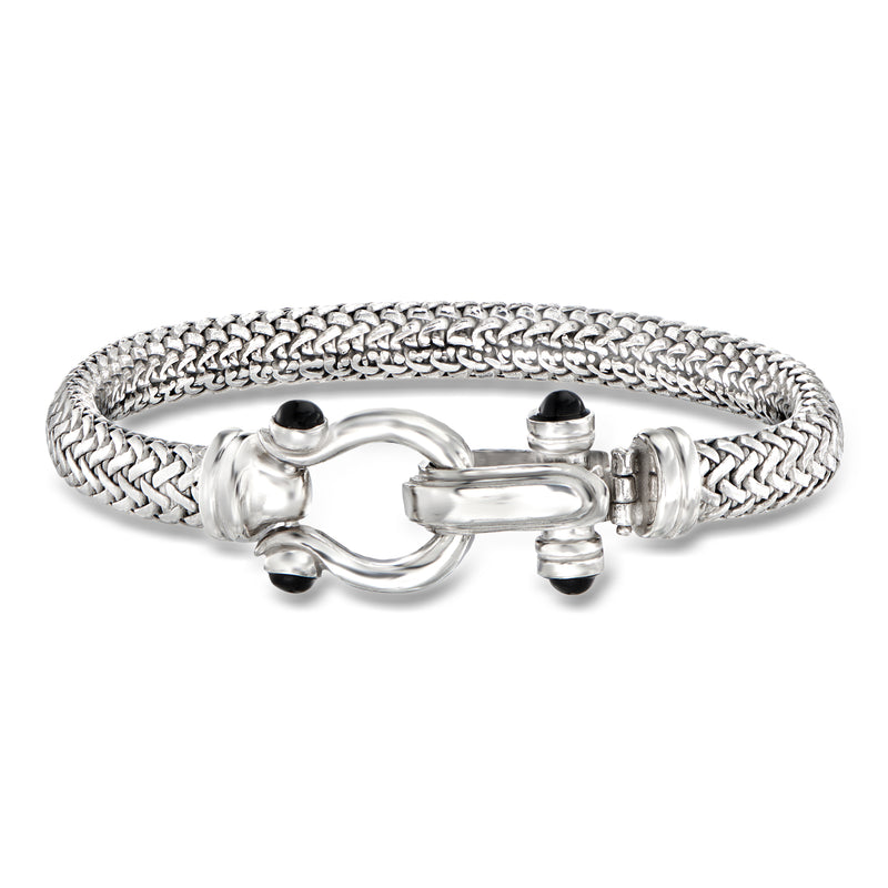 Italian sterling silver horsebit bracelet with black onyx stones and braided chain