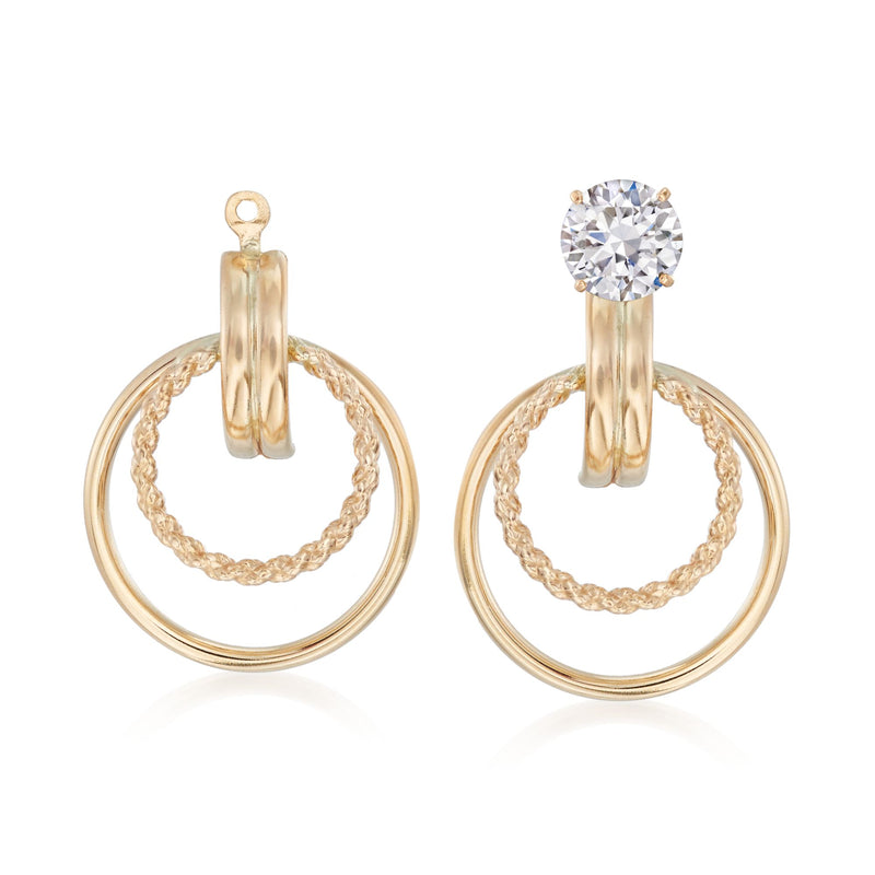 14kt yellow gold double circle earring jacket with round clear gemstone top