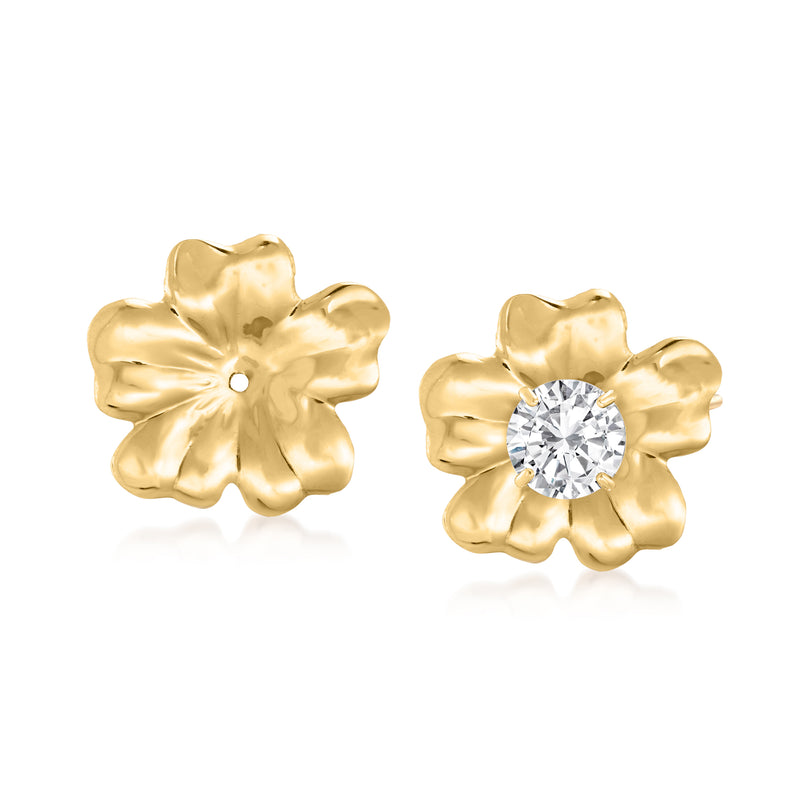 Gold flower earring jacket with scalloped petal design and round hole center