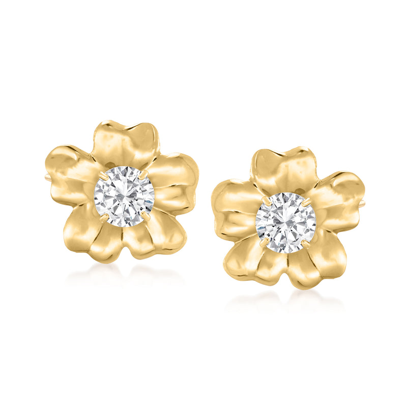 Gold flower earring jacket with scalloped petals and round clear gemstone center
