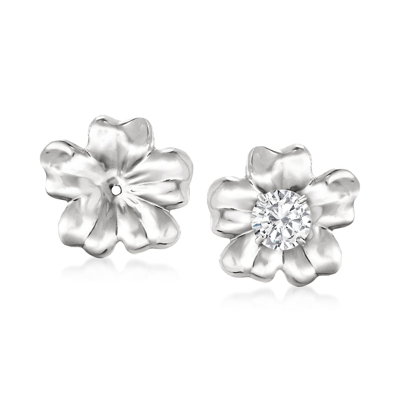 White gold flower petal earring jacket with round center stone