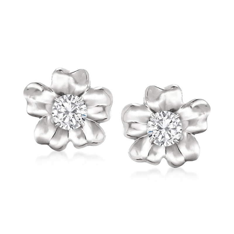 White gold flower petal earring jackets with round center stones