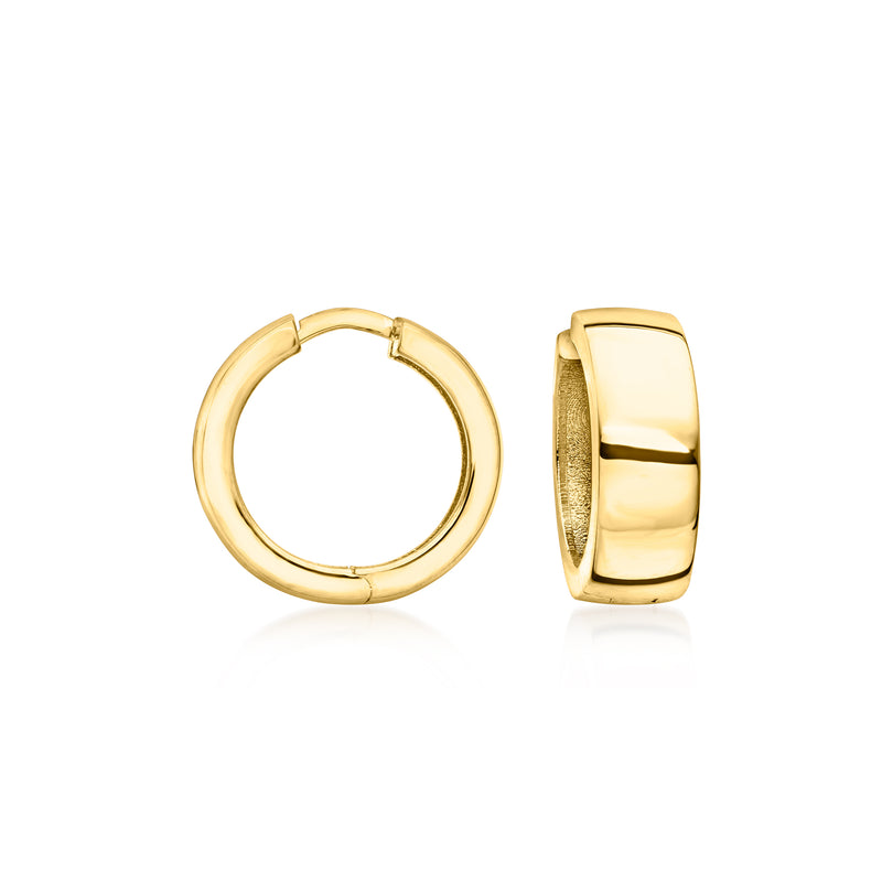 18kt yellow gold huggie hoop earrings, hinged square profile, polished finish