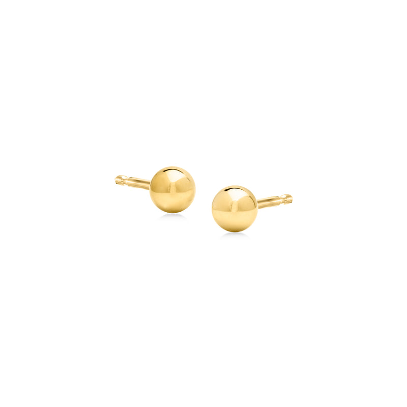 18kt yellow gold ball stud earrings, round polished spheres with post backs