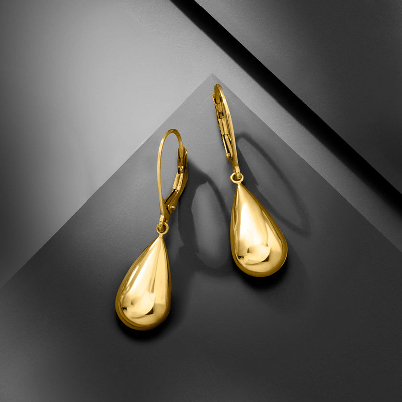 Yellow gold teardrop leverback earrings with glossy teardrop dangles