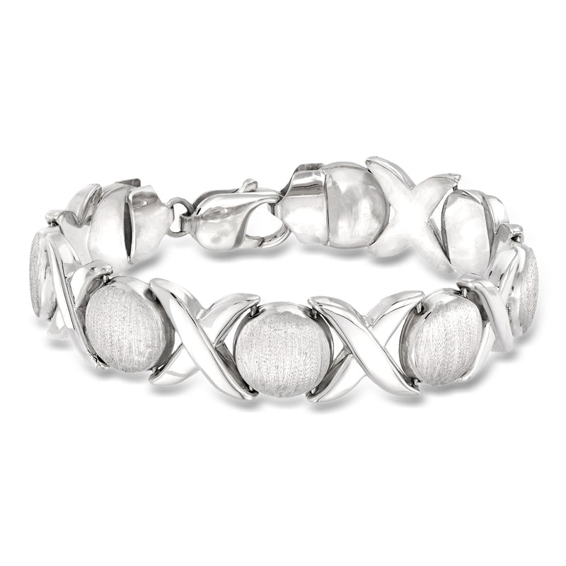Italian sterling silver XO-link bracelet with brushed oval discs and polished openwork links