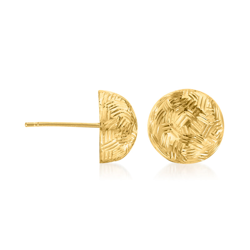 Yellow gold dome stud earrings with straight post, round textured face
