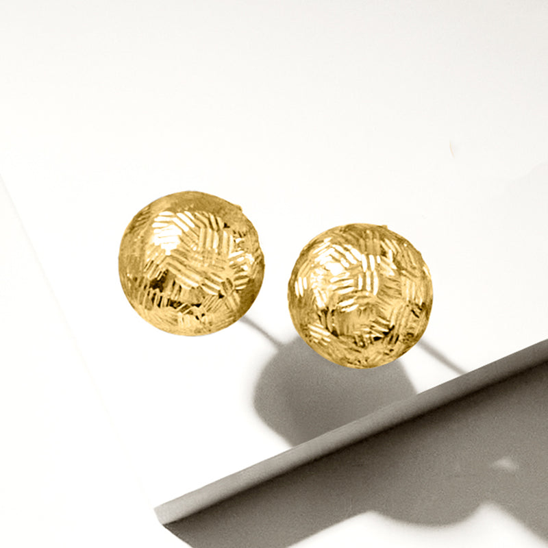 Yellow gold diamond-cut dome stud earrings, round button shape