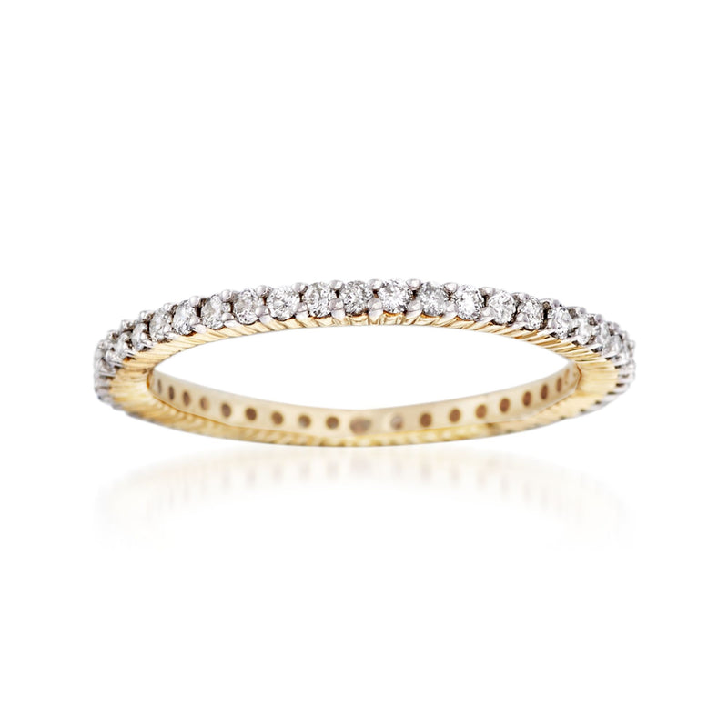 14kt yellow gold diamond eternity band with round stones and milgrain edge