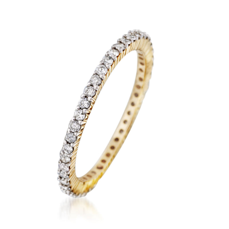 Yellow gold diamond eternity band side view with continuous round stones