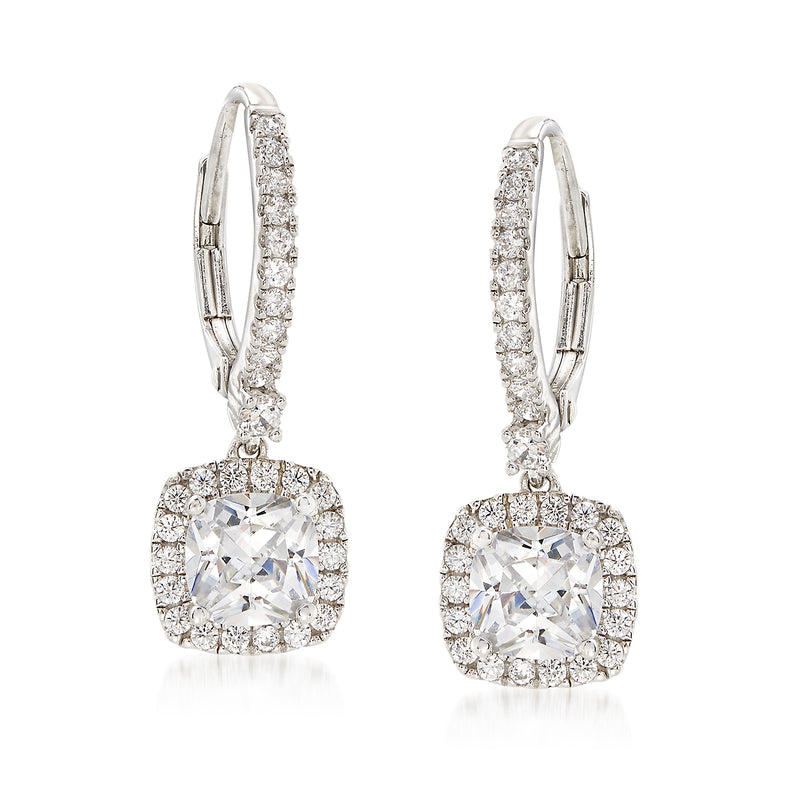 Sterling silver CZ drop earrings with square cushion halo, leverback closure