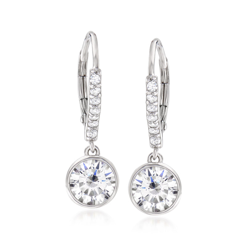 Sterling silver leverback CZ drop earrings with round bezel-set stones