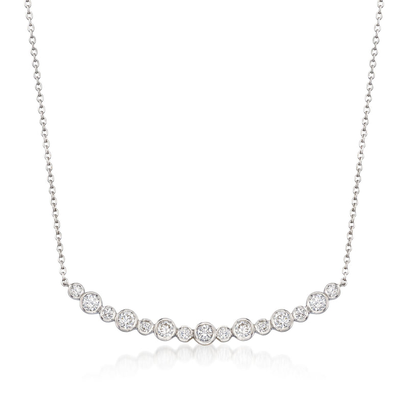Sterling silver curved bar necklace with bezel-set round CZ stones on a link chain