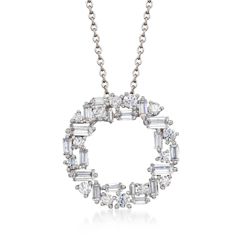 Sterling silver open-circle CZ pendant necklace with baguette and round stones
