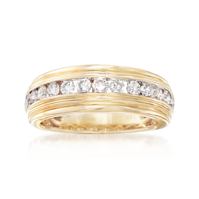 Men's 14kt yellow gold wedding ring with round diamonds across the top