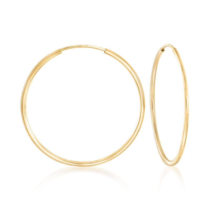 14kt yellow gold endless hoop earrings, thin 1.25mm profile