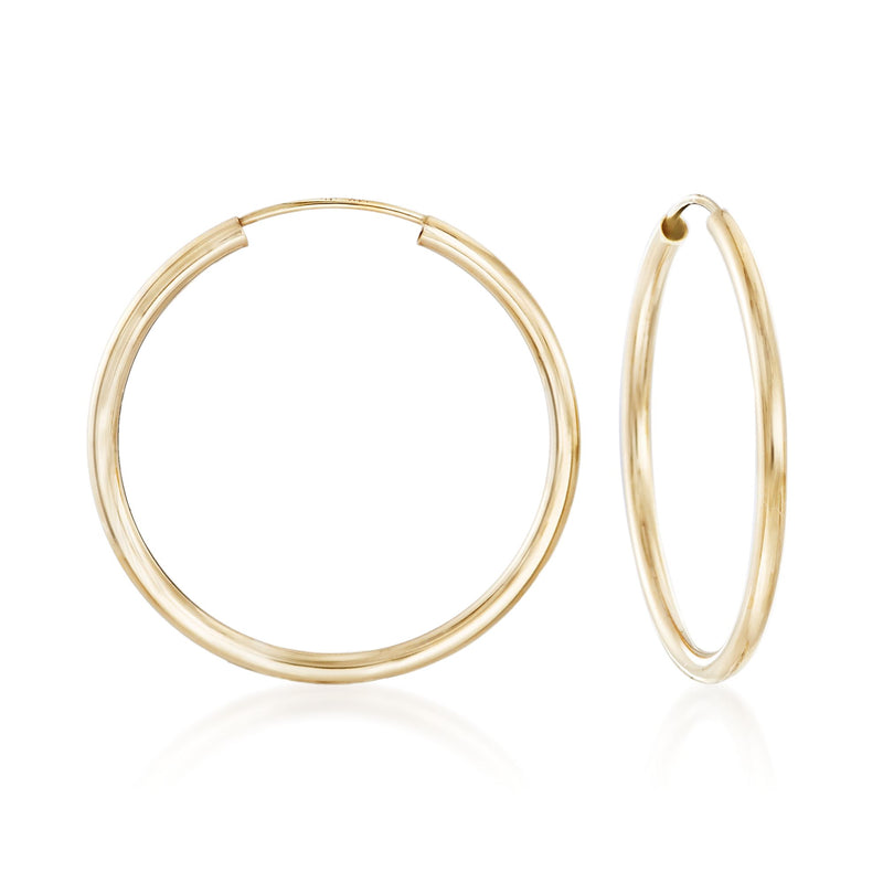 14kt yellow gold endless hoop earrings, smooth flat circular hoop rings