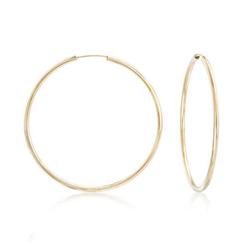 14kt yellow gold endless hoop earrings, thin circular hoops with polished finish